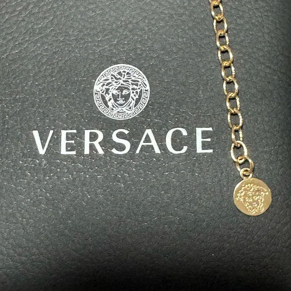 Versace Gold Medusa Charm Chain Necklace with Black Logo Backdrop - Picture 3 of 5